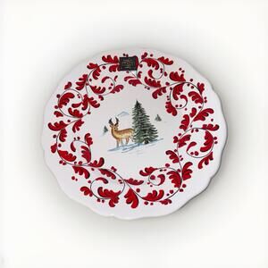 Nova Deruta 11" Italian Serving Bowl With Deer and Tree & Red Leaf On Edging